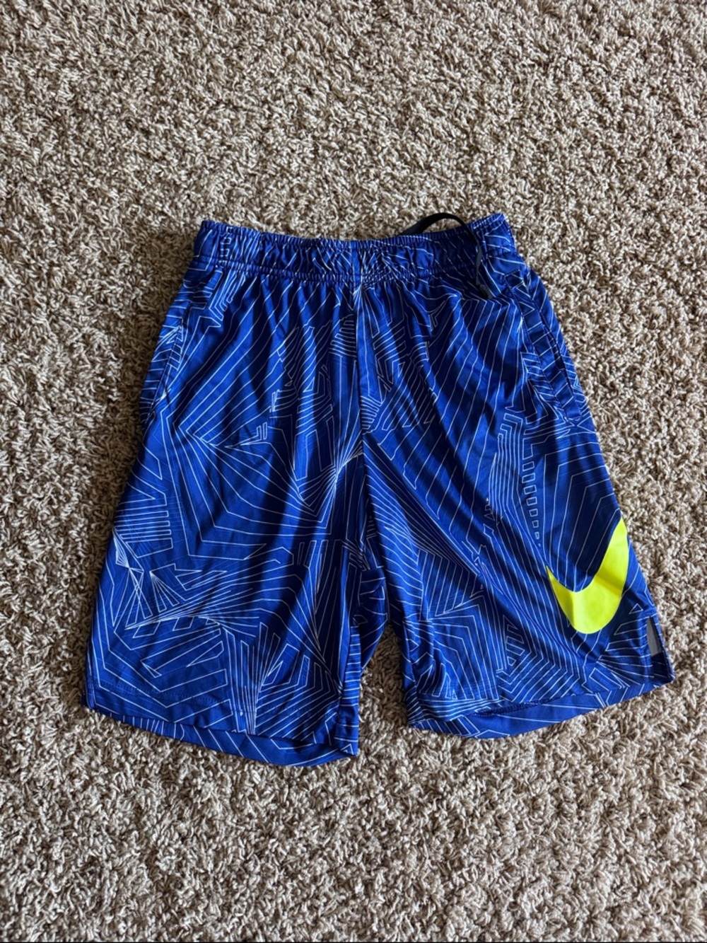 Nike Royal Blue Geometric Shorts with Neon Yellow Swoosh